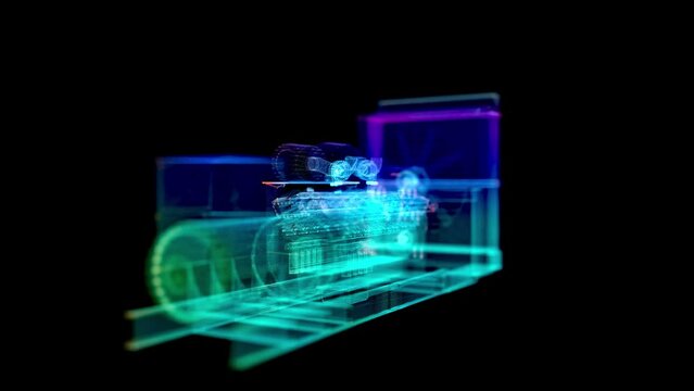 Engine of CHP unit. Diesel and gas industrial electric generator. Blue particles and lines form wire-frame 3d model Engine power plant.
