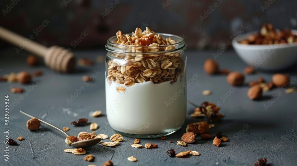 Poster a jar of yogurt with granola and nuts on top. the jar is on a table with a spoon and a bowl of nuts