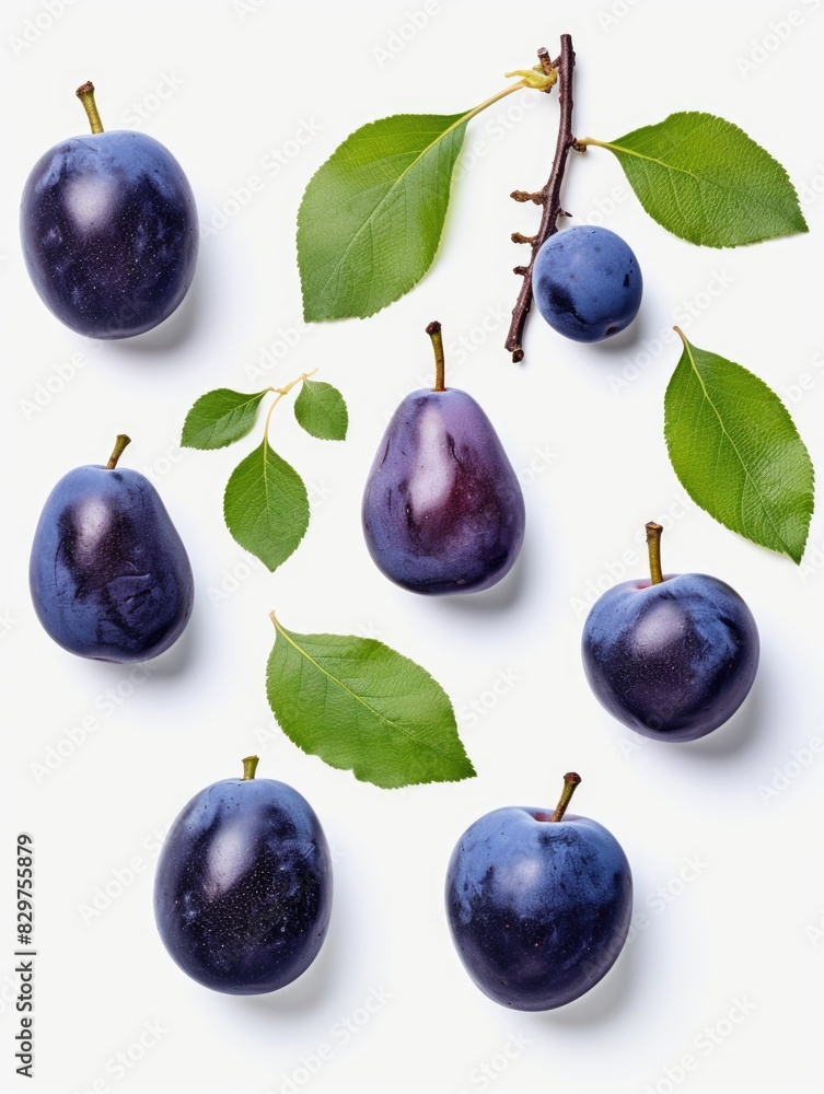 Poster a close up of a bunch of plums with leaves. the plums are of different sizes and are arranged in a r