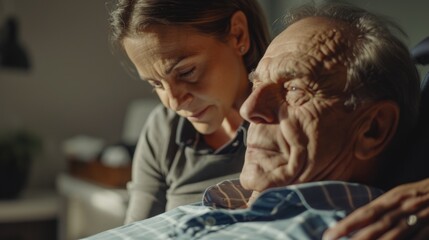 A woman is holding a man's hand. The man is old and has a beard. The woman is looking at him with concern
