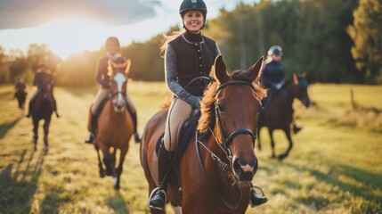 Group of people enjoying horseback riding in a sunny countryside field, showcasing joy and nature during an equestrian adventure.