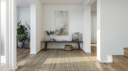 A minimalist entryway with a simple bench, a single piece of artwork, and a few carefully chosen accessories for a welcoming look.