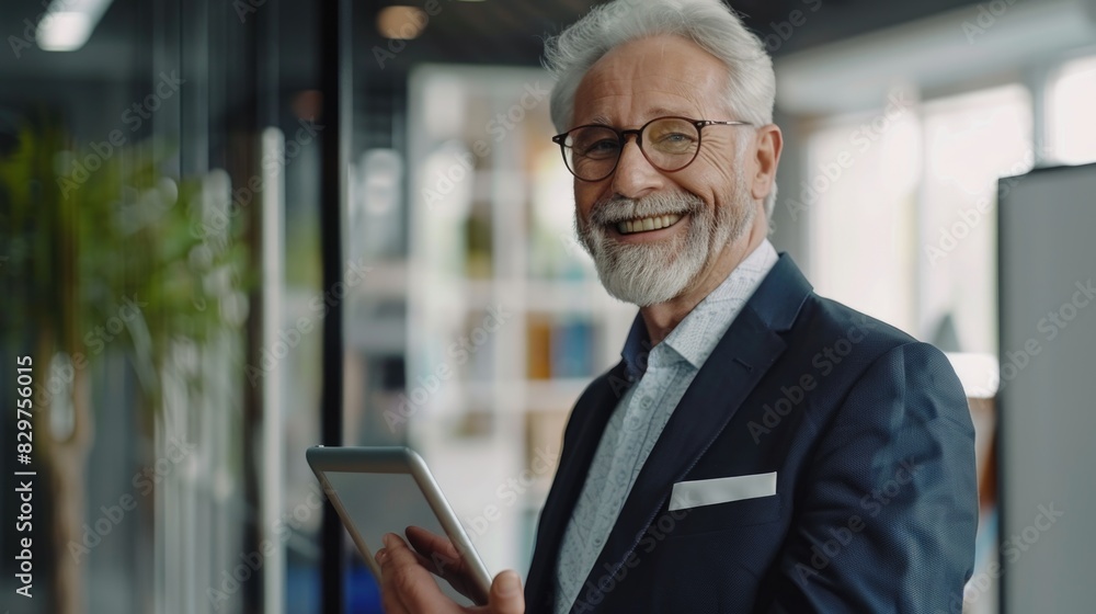 Poster a man in a suit is smiling and holding a tablet. he looks happy and confident. the tablet is likely 