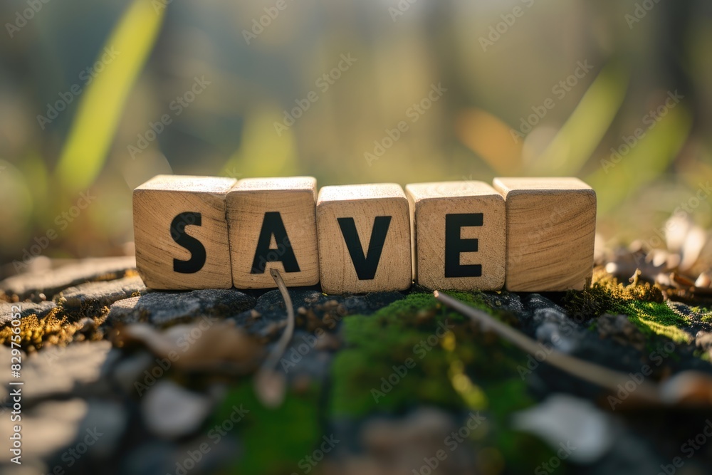 Poster a wooden block with the word save written on it. the blocks are arranged in a way that they spell ou