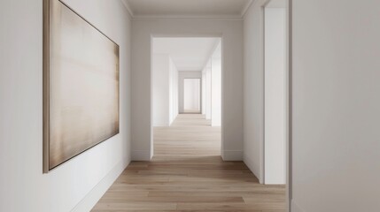 A minimalist hallway with white walls, a single piece of art, and a wooden floor leading to the rest of the house.