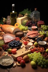 A table full of food including fruits, vegetables, and meats. The table is set for a meal and the food is arranged in a way that makes it look appetizing