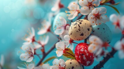 A branch with a bunch of eggs on it. The eggs are red and blue - Powered by Adobe