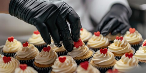 A baker is decorating cupcakes with hearts. The cupcakes are white and red, and the baker is using a red heart-shaped cookie to decorate them