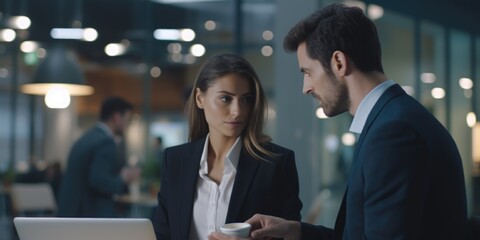 A man and a woman are sitting at a table with a laptop in front of them. The woman is holding a cup of coffee
