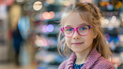 Portrait of Smiling Young Girl Wearing Glasses at Optician's Center, Fashionable Vision Correction Concept.