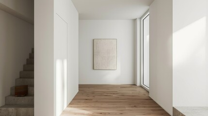 A minimalist hallway with white walls, a single piece of art, and a wooden floor leading to the rest of the house.
