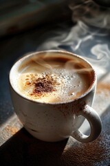 Fototapeta premium A white coffee cup with a brown swirl of cream and a sprinkle of cinnamon on top. The steam rising from the cup creates a cozy and inviting atmosphere