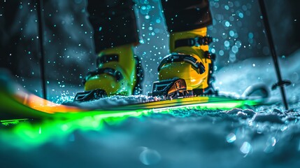 Sleek skis with neon accents and highperformance ski poles, set against a serene snowy mountain background, Cyberpunk, 3D, Electric blue, Modern skiing equipment