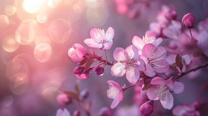 Cherry Blossom Branches Blooming in Spring, Floral Background with Copy Space and Bokeh Effect.