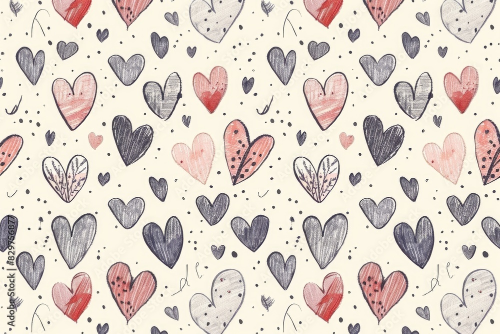 Poster a pattern of hearts is drawn in pencil on a white background. the hearts are of different sizes and 