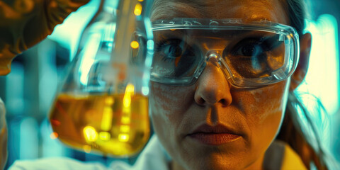 A woman wearing safety goggles is holding a beaker of yellow liquid. Concept of caution and scientific exploration