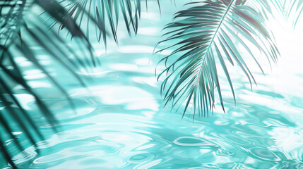 Green nature background, tropical plant leaves, palm leaves and water, a light background. Copy space.	