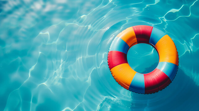 Top View of a Colorful Inflatable Swim Ring in a Pool. Fun Water Toys for Holiday Swimming. Summer Background with Copy Space.