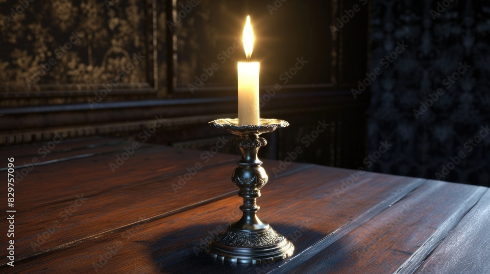 Poster a candle is lit on a table in a dimly lit room. the candle is the only source of light in the room, 
