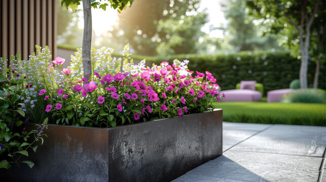 Corten Steel Flower Pot with Colorful Flowers in Front of Garden, Concept of Perfect Floral Petunia Composition. Gardening Inspiration.
