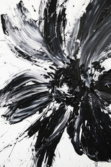 Abstract black floral painting, thick brush strokes, flower, white background.