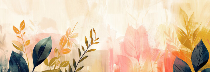 Banner, abstract illustration flora in soft neutral yellows, tan, pink and greens. Frame of spring flowers on a light background. Mockup, copy space.	