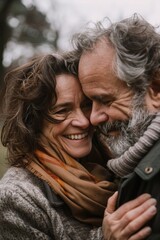 A man and woman are hugging each other, both smiling. The man has a beard and gray hair, while the woman has brown hair. They are both wearing scarves and jackets. Scene is warm and affectionate