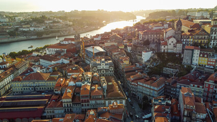 Old town of Porto at river Douro, Portugal aerial photo 10 may 2024. Sunset