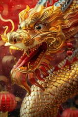 Fototapeta premium A gold dragon with red accents and a red lantern hanging from its tail. The dragon has a mouth open and is looking at the camera