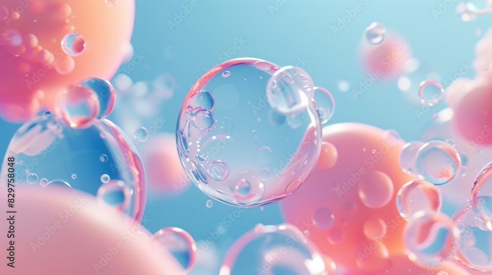 Poster a bunch of pink bubbles floating in the air. the bubbles are clear and shiny, and they are scattered
