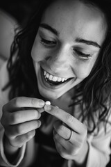 Obraz premium A woman is smiling and holding a small white object in her hand. Concept of happiness and contentment