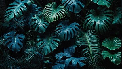 Fototapeta premium Collection of tropical leaves,foliage in blue color with space background