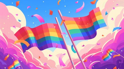 A flat design cartoon drawing of a pride flag waving in the breeze, with a vivid festival backdrop theme.