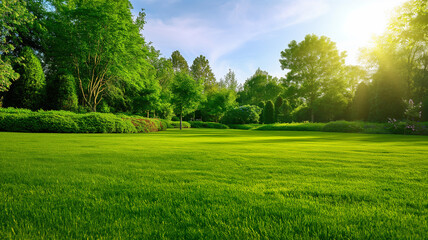 Obraz premium Garden with green trees surrounding wide-angle lawns. Landscapes photography. 