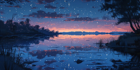 A painting depicting a night sky filled with stars shining over a tranquil lake