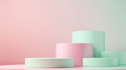 Colorful pastel podium with a gradient background, featuring a multi-tiered platform in soft pink...