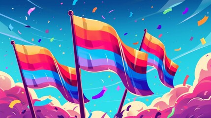 A flat design cartoon drawing of a pride flag waving in the breeze, with a vivid festival backdrop theme.