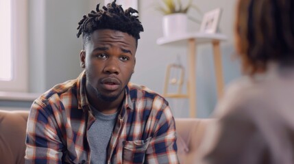 A man with dreadlocks is talking to a woman on a couch. The man is looking down and he is upset