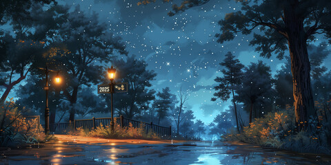 Street light illuminating trees under starry night sky