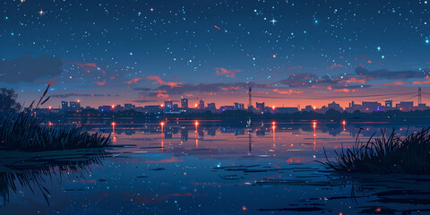 Night scene of city lights reflecting in the water