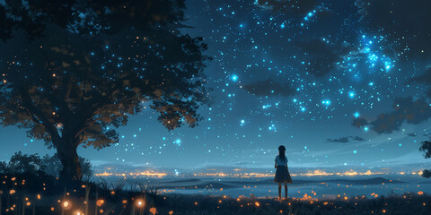 A person standing beneath a tree under the night sky filled with stars