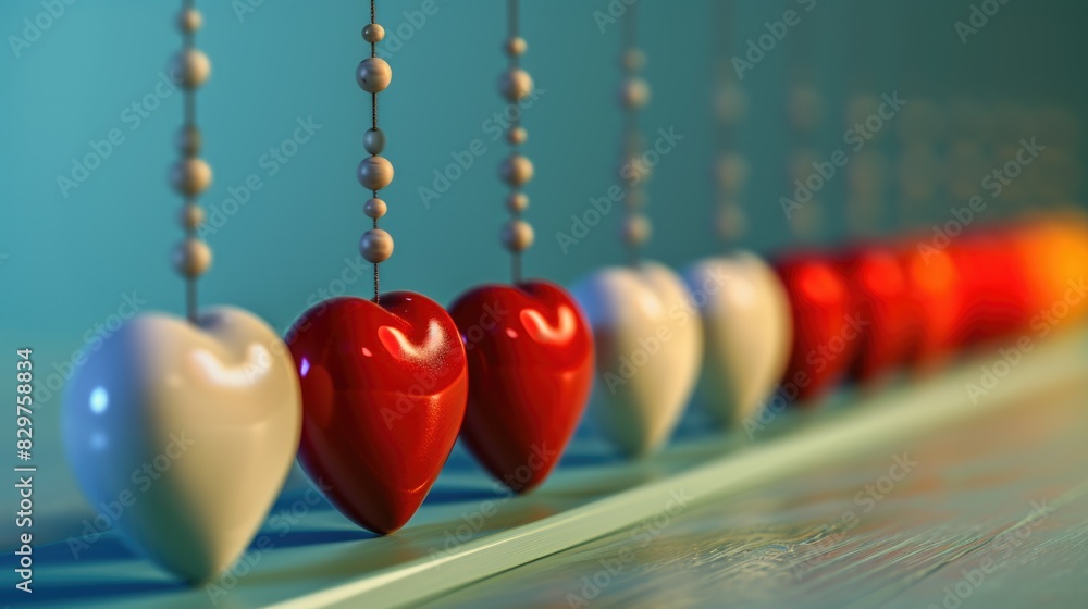 Poster a row of hearts hanging from a string, with some red and some white. the hearts are arranged in a li