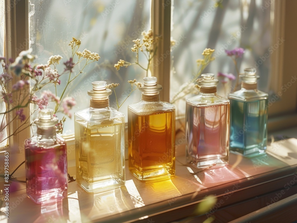 Poster a row of five small glass bottles of perfume sit on a windowsill. the bottles are of different color