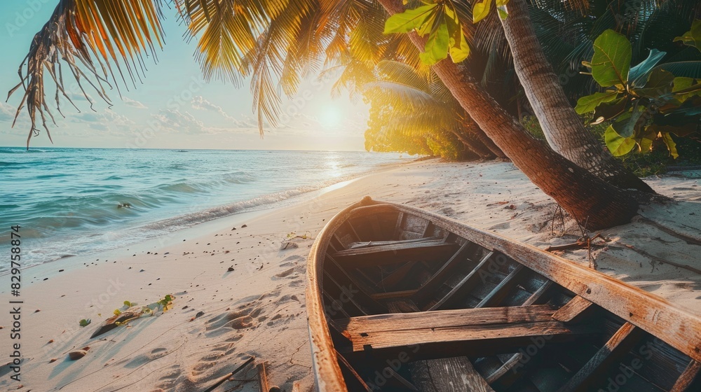 Aufkleber a boat is sitting on the beach next to a palm tree. the sun is setting in the background, creating a