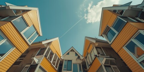 A row of yellow houses with white trim. The houses are tall and have many windows, giving them a modern and elegant appearance. The sky above the houses is clear and blue, creating a peaceful