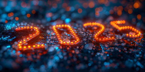 The year 2025 is illuminated in bright neon lights on a dark background
