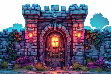 Stone fortress gate with a glowing red lock, symbolizing secure access and protection in a medieval-themed illustration.