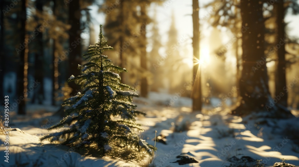 Aufkleber a small pine tree is standing in the snow in a forest. the sun is shining on the tree, creating a wa