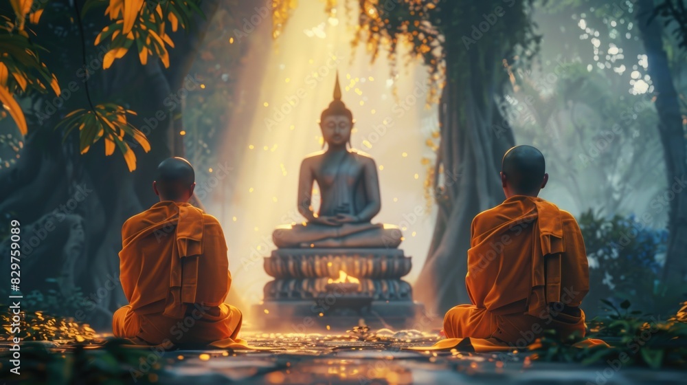 Poster two monks are sitting in front of a statue of buddha. the statue is surrounded by trees and bushes