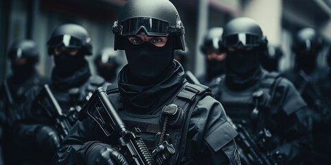 A group of soldiers stand in formation, all wearing black uniforms and helmets. They are all holding guns and appear to be ready for action. Scene is serious and focused